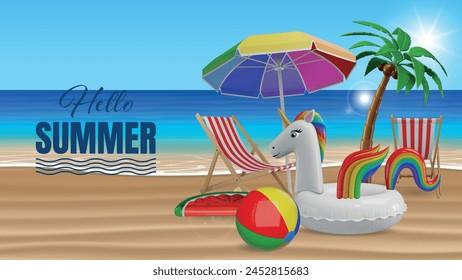 hello summer banner with beach umbrella, palm tree, inflatable unicorn and beach ball on beach landscape