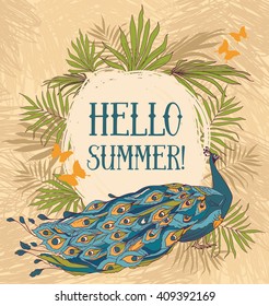 "Hello summer!" banner with beautiful peacock, butterflies and palm leaves, vector illustration