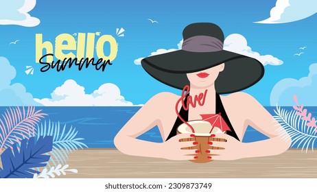 Hello summer banner with beautiful woman in bikini set