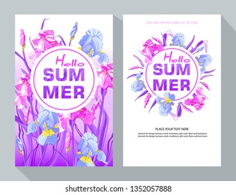 Hello Summer banner with blue and purple flowers, flower iris design for banner, flyer, invitation, poster, placard, web site or greeting card. Vector illustration