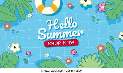 hello summer banner. blue theme with leave flower and yellow swim ring.