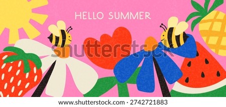 Hello, Summer! banner with bright fruits, flowers, sun, and bees on a pink background. A cheerful summer poster for advertising, covers, and social media. Vector.