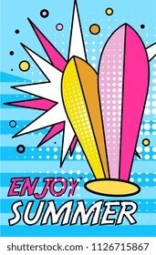 Hello Summer banner, bright retro pop art style poster with surfboards vector Illustration