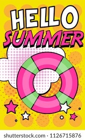 Hello Summer banner, bright retro pop art style poster with lifebuoy vector Illustration