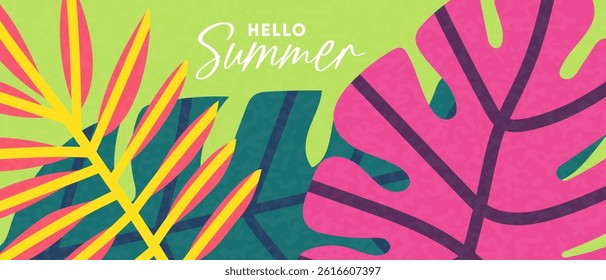 Hello Summer banner with bright tropical leaves. Vector.