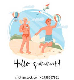 Hello summer banner or card design with  children by the sea or river. Decorative summer backdrop with kids in swimsuits on the beach,  flat vector illustration isolated on white background.