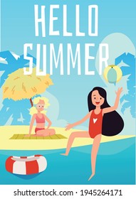 Hello summer banner with children having fun by sea, flat vector illustration.