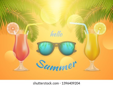 Hello Summer banner with a cocktail, sunglass and palm branch. Happy bright summer season concept in yellow background. Vector Stock Illustration.