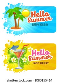 hello summer banner with coconut tree