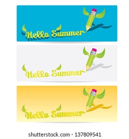 "hello summer" banner collection . summer abstract background with pencil