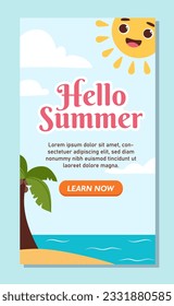 Hello summer banner concept. Beach with palm, island. Tropical and exotic countries. Template, layout and mock up. Cartoon flat vector illustration isolated on blue background