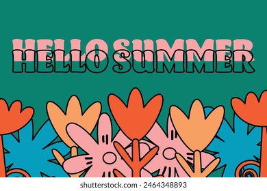 Hello summer banner, concept. Bright flowers and text in retro style. Vector illustration for your design