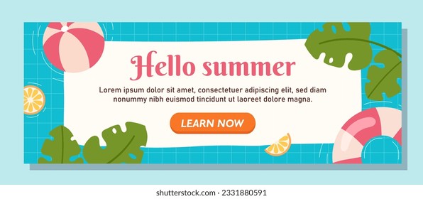 Hello summer banner concept. Holiday and vacation in tropical and exotic countries. Rubber ball and lifebuoy. Template, layout and mock up. Cartoon flat vector illustration isolated on blue background