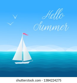Hello Summer banner concept marine background with sailing boat and seagulls. Vector illustration