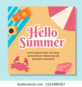 Hello summer banner concept. Top view of beach with umbrella, blanket and crab. Hot weather and vacation on island. Template and mock up. Cartoon flat vector illustration isolated on blue background