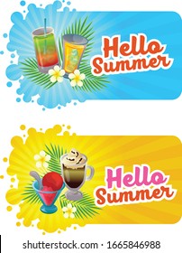 hello summer banner with cool drink theme