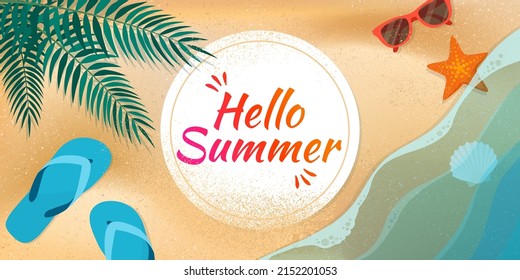 Hello summer banner with copy space, beach with palm, accessories and water waves, top view