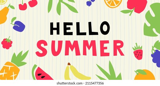 Hello summer banner. Cut out of black paper letters. Colorful cutouts fruits and berries. Shape colored cardboard or paper