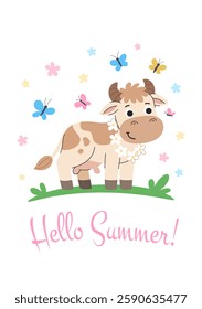 Hello summer banner. Cute cow grazing in the meadow among flowers and butterflies. Cartoon children's poster with a cow. White background