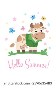 Hello summer banner. Cute cow grazing in the meadow among flowers and butterflies. Cartoon children's poster with a cow. White background