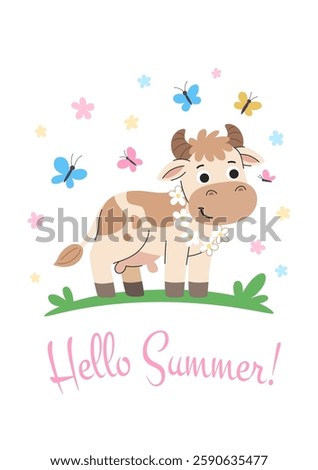 Hello summer banner. Cute cow grazing in the meadow among flowers and butterflies. Cartoon children's poster with a cow. White background