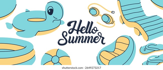 Hello Summer banner with cute pool floats and swimming accessories. Pool party design.