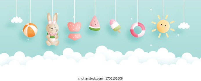 Hello summer banner with cute rabbit and beach collection. Vector illustration.