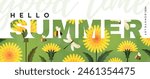 Hello summer. Banner with dandelions. Bright yellow dandelions,cute bees and a dragonfly. Summer illustration for banner, poster, advertising or flyer.