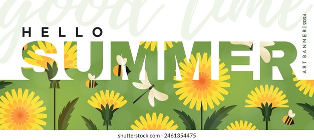 Hello summer. Banner with dandelions. Bright yellow dandelions,cute bees and a dragonfly. Summer illustration for banner, poster, advertising or flyer.