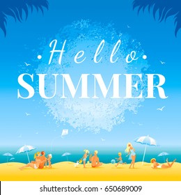 Hello summer banner day landscape, sea beach background, sun watercolor splash with text lettering logo. People travel lifestyle, family rest vector illustration. Flat modern poster flyer design 