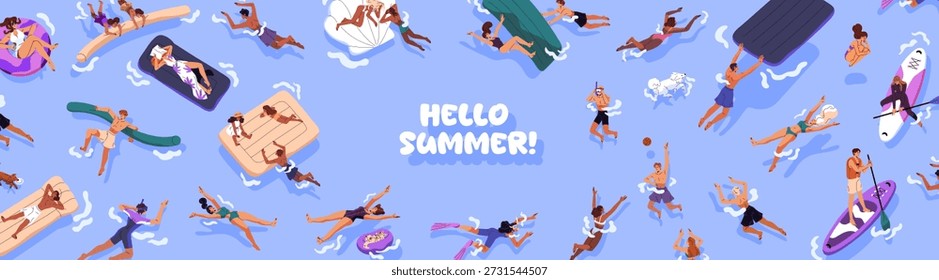 Hallo Sommer Banner Design mit Rand von Menschen schwimmen im Wasser Draufsicht. Vorlage mit Rahmen von Touristen, die auf Schwimmbeckenflößen und aufblasbaren Kreisen an Seereisen schwimmen. Flache Vektorgrafik