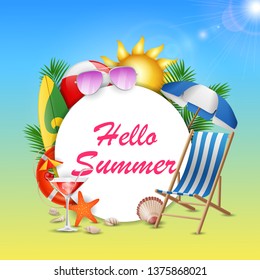Hello Summer banner design concept with beauty blue sky background. Vector illustration
