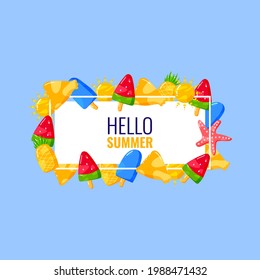 hello summer banner design with flat hand drawn style vector illustration