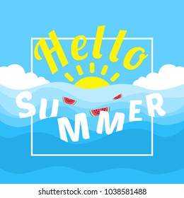 hello summer banner design with floating watermelon slice in water