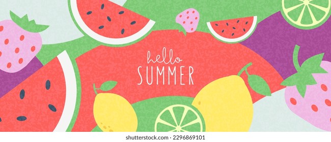 Hello Summer сolorful banner design. Horizontal poster, greeting card, website header, label or flyer. Modern abstract art design with fruits and berries, geometric shapes and wavy bold lines