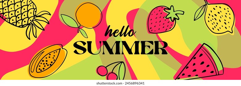 Hello Summer сolorful banner design. Horizontal poster, greeting card, website header, label or flyer. Modern abstract art design with fruits and berries, geometric shapes and wavy bold lines