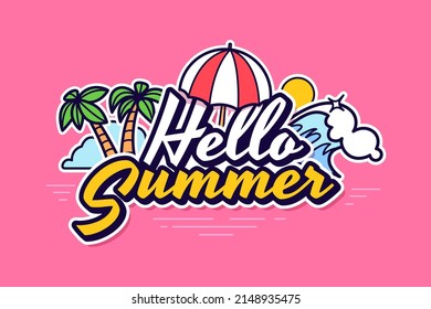 Hello Summer banner design with lettering on background of beach umbrella, palm trees and sea waves. Summer time vacation. Ideal for season sale, travel promo, party invitation. Vector illustration.