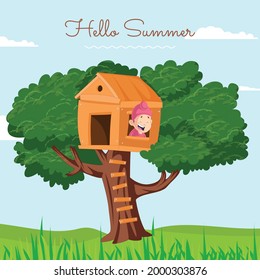 Hello summer banner design with Punjabi kid climbing on the wooden house on a tree.