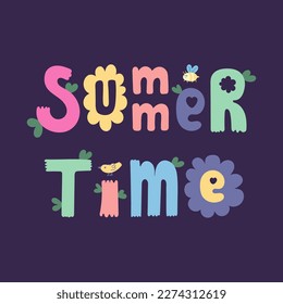 Hello Summer banner design. Season vocation, weekend, holiday poster, card, header for website. Summer Time cartoon vector Lettering text. Colorful holiday background with flowers, leaves, bird, bee