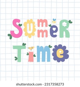 Hello Summer banner design. Season vocation, weekend, holiday poster, card, header for website. Summer Time cartoon vector Lettering text. Colorful holiday background with flowers, leaves, bird, bee