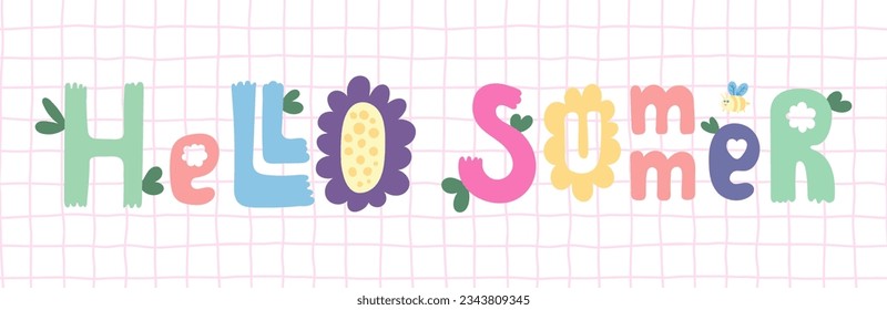 Hello Summer banner design. Season vocation, weekend, holiday poster, card, header for website. Summer Time cartoon vector Lettering text. Colorful holiday background with flowers, leaves, bird, bee
