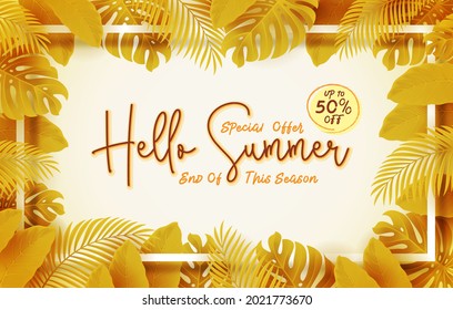 Hello summer banner design with tropical leaves background