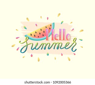 Hello Summer banner design with watermelon. Vector illustration
