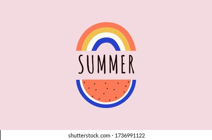 Hello summer, banner design with watermelon and rainbows. Vector illustration 