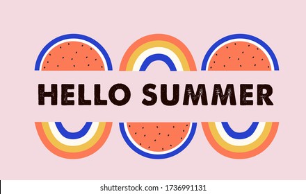 Hello summer, banner design with watermelon and rainbows. Vector illustration 