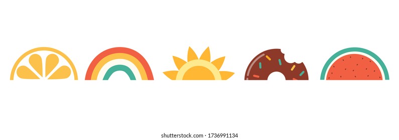 Hello summer, banner design with watermelon, sun, donut and rainbows. Vector illustration 