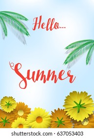 Hello summer banner design with yellow flowers and palm leaf - vector illustrator