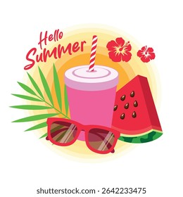 Hello summer banner with drink, watermelon, sunglasses and palm leaf vector illustration. Cup with a straw, pink sunglasses and watermelon slice vector. Tropical vacation and travel design element