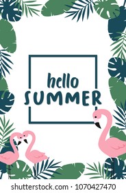 Hello Summer banner with Flamingo, Tropical Leaves Background. Vector illustration