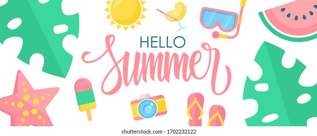 Hello Summer banner flat design with hand drawn lettering, watermelon, diving mask, ice cream, flip flops, starfish and summer sun. Vector illustration.